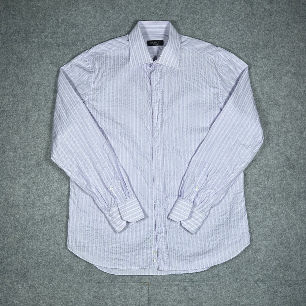 Canali Dress Shirt Mens 16.5 Large Purple Striped Italy Made Cotton Luxury